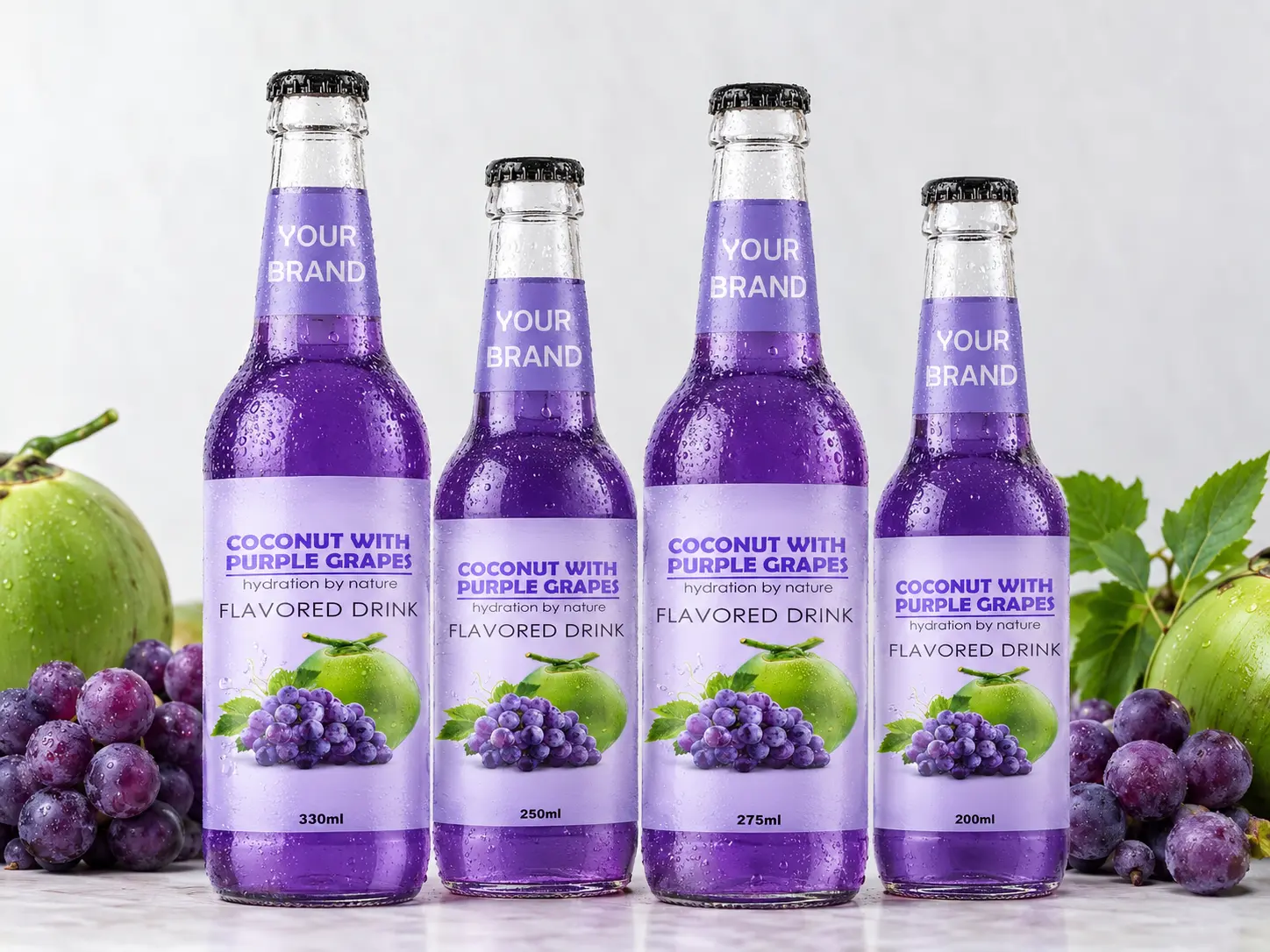 COCONUT FLAVORED DRINK purple grapes flavour shown in 330ml, 250ml, 275ml, and 200ml bottles.